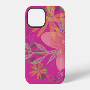Girly Gold Leaf Fuchsia Flower iPhone 12 Case