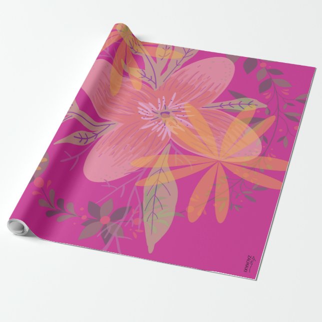 Girly Gold Leaf Fuchsia Flower Wrapping Paper (Unrolled)