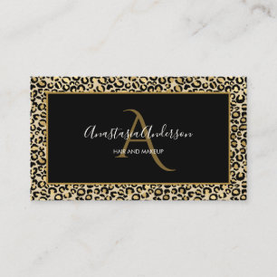 Girly Gold Leopard Spots Elegant Black Monogram Business Card
