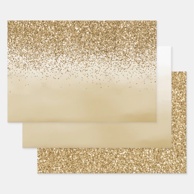 Girly Gold Ombre Watercolor Glitter Wrapping Paper Sheet (Set)