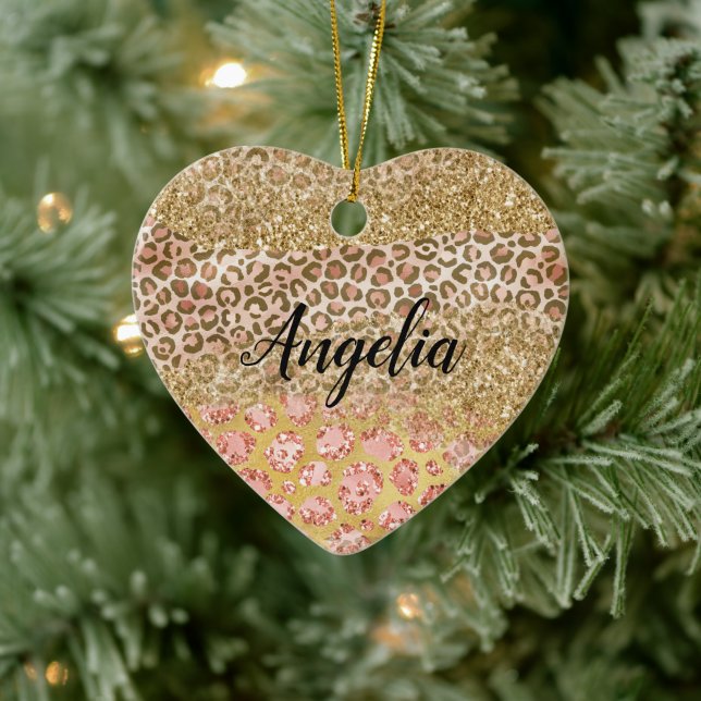 Girly Gold Peach Glitter Leopard Print Ceramic Ornament (Tree)