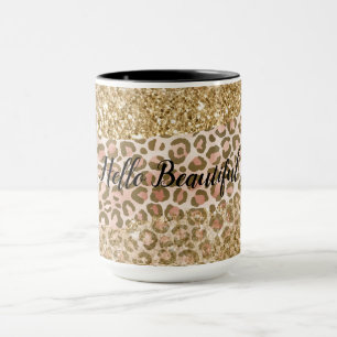 Girly Gold Peach Glitter Leopard Print Mug