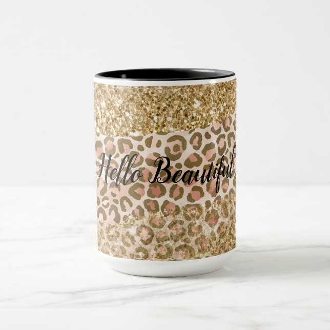 Girly Gold Peach Glitter Leopard Print Mug (Center)