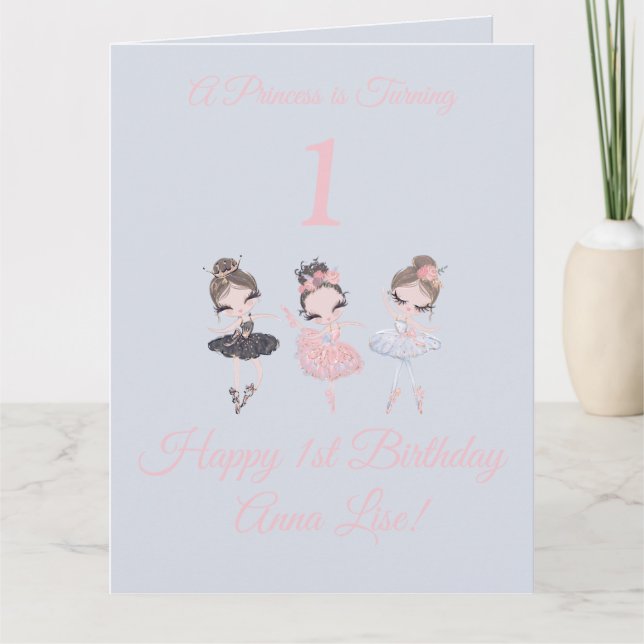 Girly Gold Pink Ballerina Princess 1st Birthday Card (Front)
