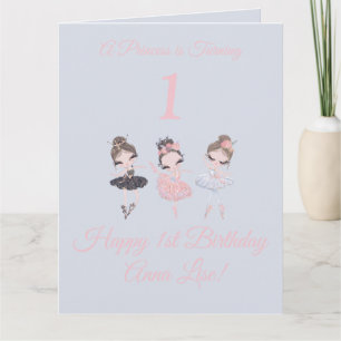 Girly Gold Pink Ballerina Princess 1st Birthday Card