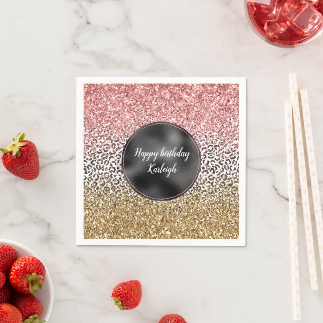 Girly Gold Pink Black White Leopard Print Glitter Napkin (Insitu)