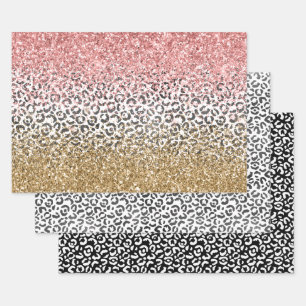 Girly Gold Pink Black White Leopard Print Glitter Wrapping Paper Sheet