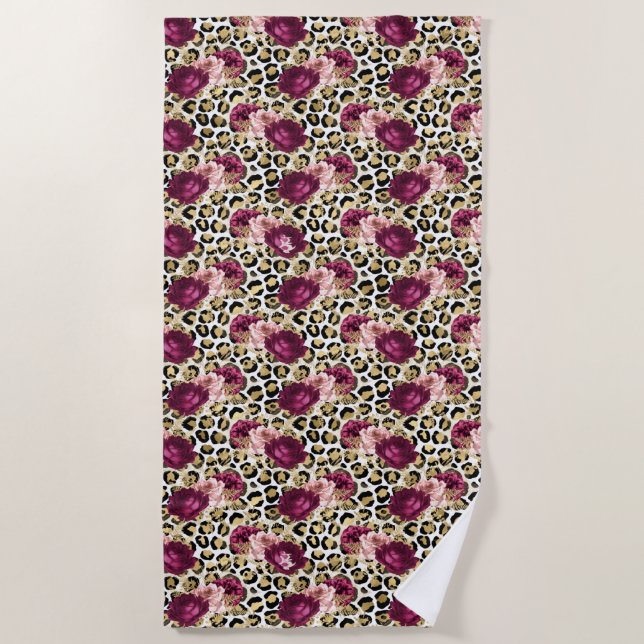 Girly Gold Pink Floral Leopard Print Beach Towel (Front)