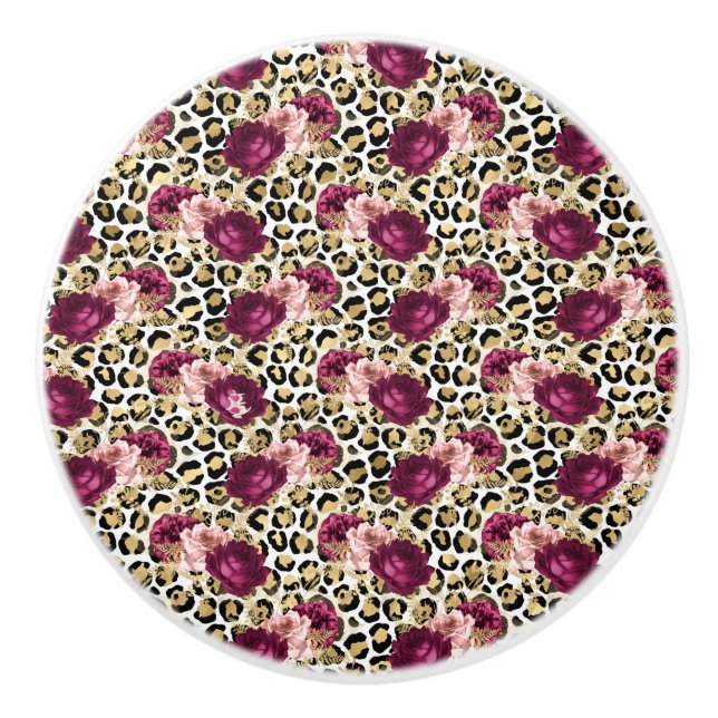 Girly Gold Pink Floral Leopard Print Ceramic Knob (Front)