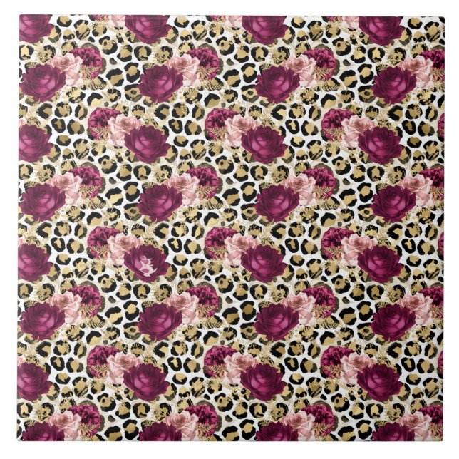 Girly Gold Pink Floral Leopard Print Ceramic Tile (Front)