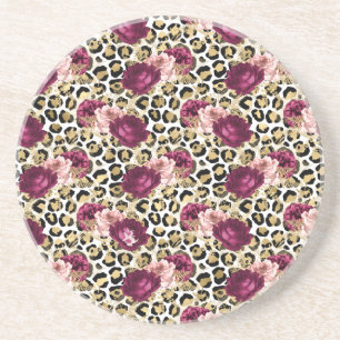 Girly Gold Pink Floral Leopard Print Coaster