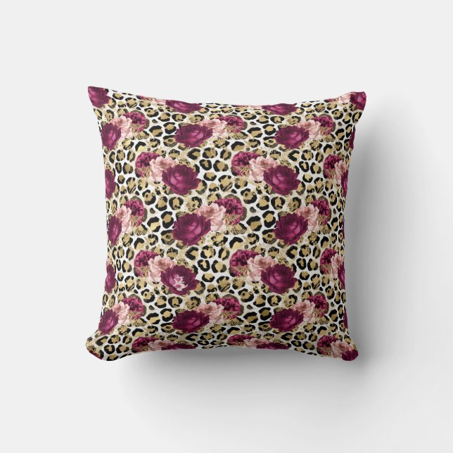 Girly Gold Pink Floral Leopard Print Cushion (Front)