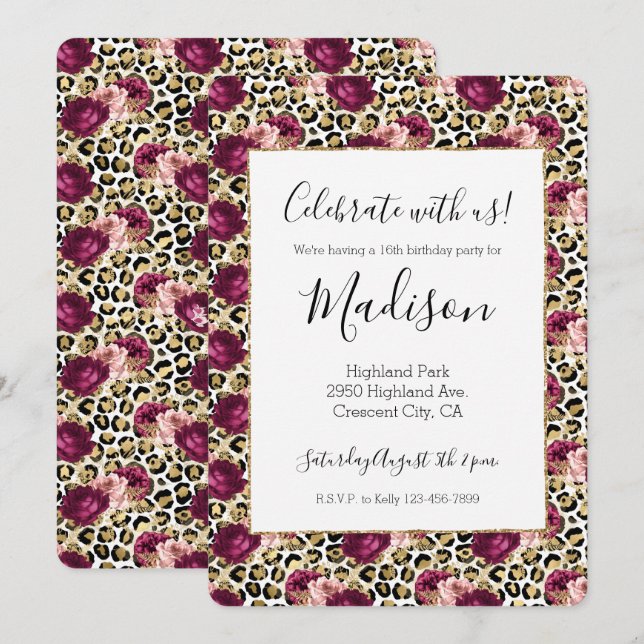 Girly Gold Pink Floral Leopard Print Invitation (Front/Back)
