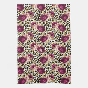 Girly Gold Pink Floral Leopard Print Tea Towel