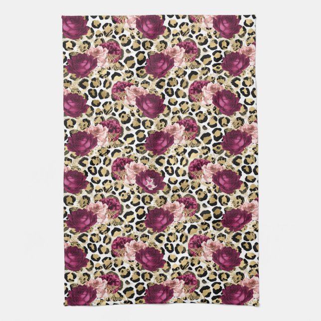 Girly Gold Pink Floral Leopard Print Tea Towel (Vertical)