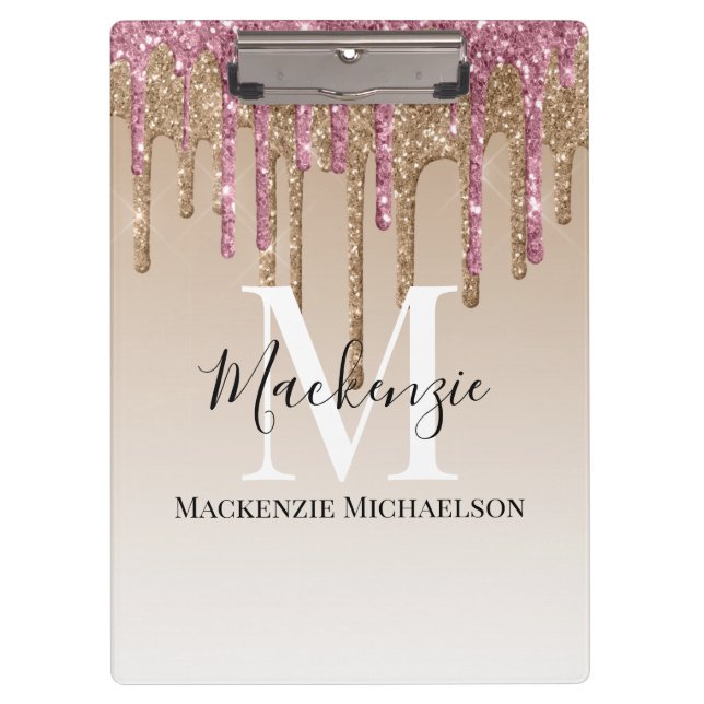 Girly Gold Pink Glitter Monogram Name Clipboard (Front)