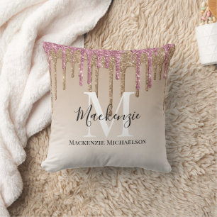 Girly Gold Pink Glitter Monogram Name Cushion