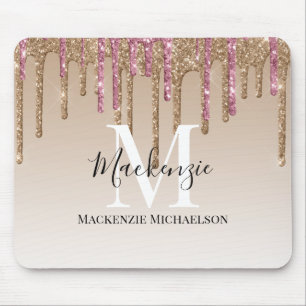 Girly Gold Pink Glitter Monogram Name  Mouse Pad