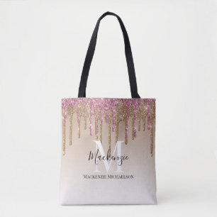 Girly Gold Pink Glitter Monogram Name  Tote Bag