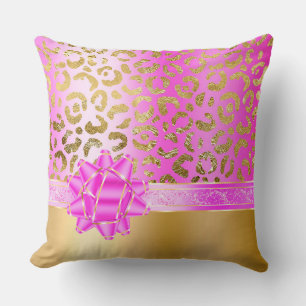 Girly Gold Pink Leopard & Fuchsia Gold Bow Ribbon Cushion