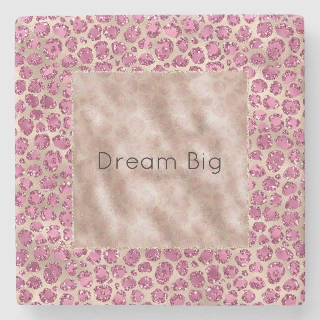 Girly Gold Pink Leopard Print Glitz Personalised  Stone Coaster (Front)