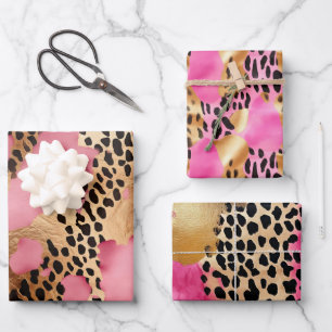 Girly Gold Pink Leopard Wrapping Paper Sheet