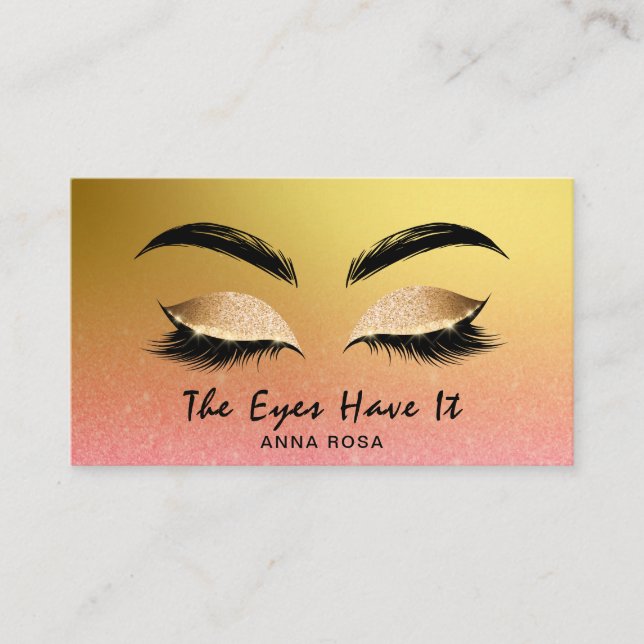 *~* Girly Gold Pink Peach Lashes Extensions Brows Business Card (Front)