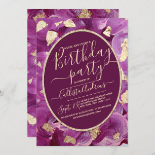 Girly Gold Plum Lilac Acrylic Brushstroke Birthday Invitation
