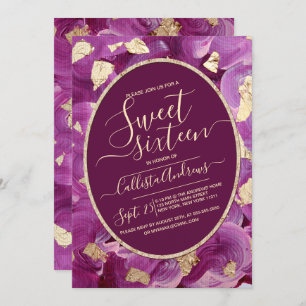 Girly Gold Plum Lilac Acrylic Brushstroke Sweet 16 Invitation