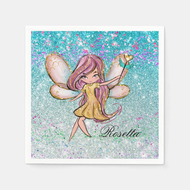 Girly Gold Purple Blue Glitter Sparkle Fairy Dust Napkin (Front)