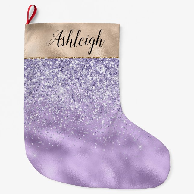 Girly Gold Purple Glitzy Glitter Sparkle Name Large Christmas Stocking (Front)