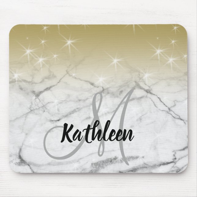 Girly Gold Sparkles Grey Marble Monogram Name Mouse Pad (Front)