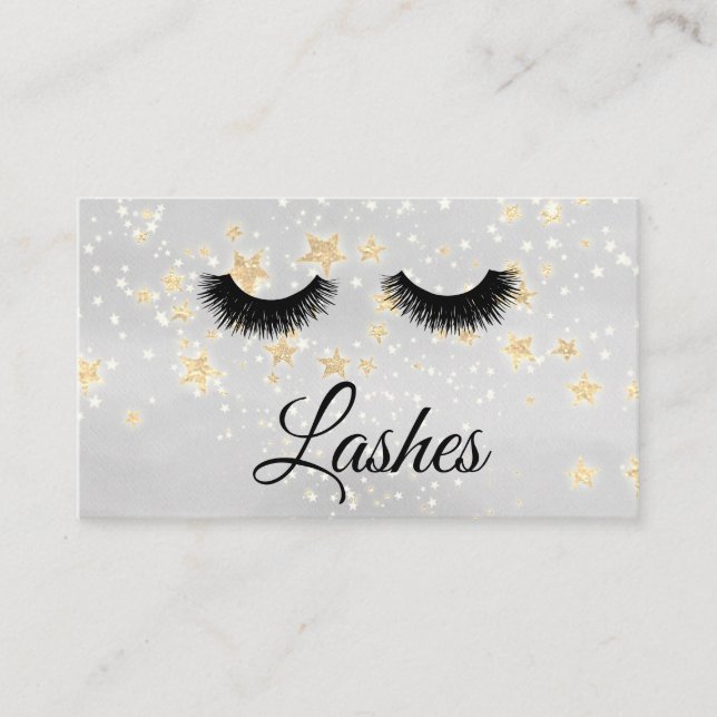 *~* Girly Gold Stars Lashes Extensions Glitter Business Card (Front)
