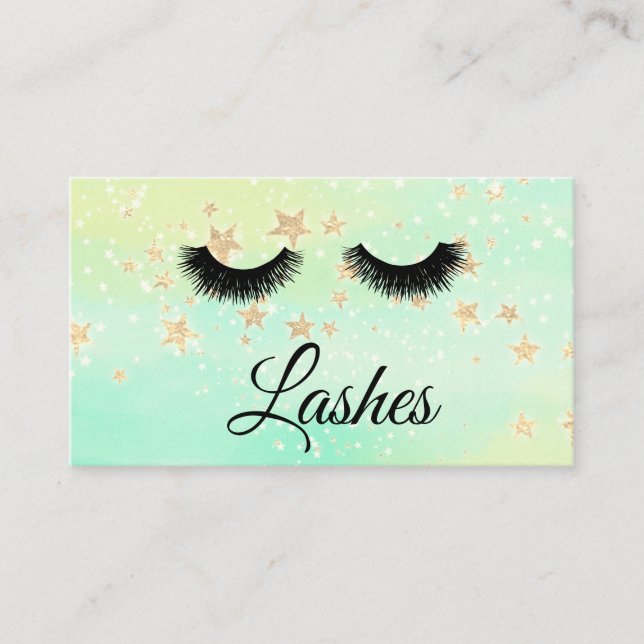 *~* Girly Gold Stars Lashes Extensions Glitter Business Card (Front)
