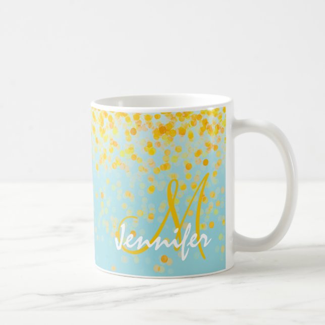 Girly golden yellow confetti turquoise ombre name coffee mug (Right)