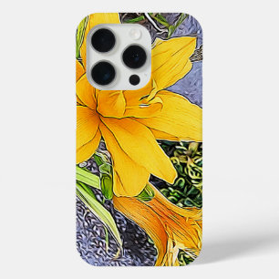 Girly Golden Yellow Daylily Flower and Bud Artwork iPhone 15 Pro Case