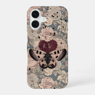 Girly Gothic Butterfly Moth Roses Grunge Monogram iPhone 16 Case