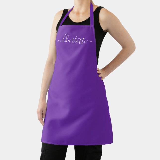 Girly grape purple custom script name monogram apron (Insitu)