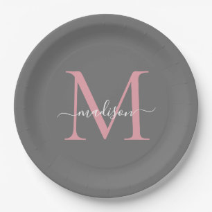 Girly Gray Blush Pink Monogram Trendy Script Name Paper Plate