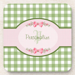 Girly Green Gingham Monogram With Name Coaster