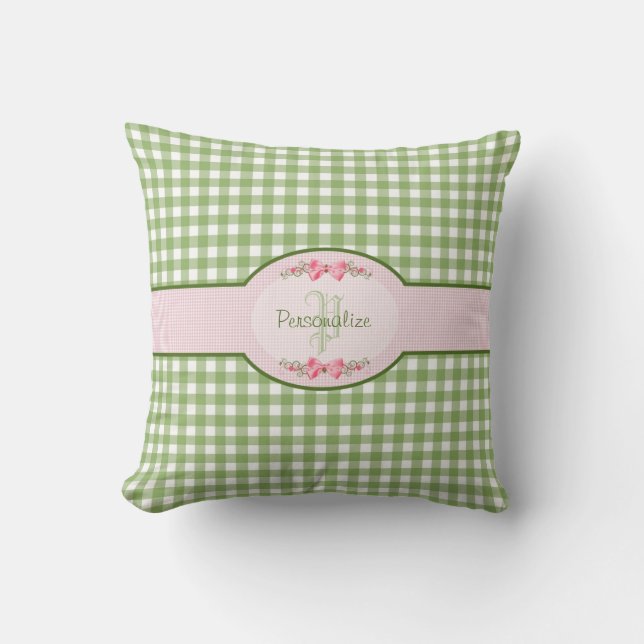 Girly Green Gingham Monogram With Name Cushion (Front)