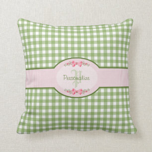Girly Green Gingham Monogram With Name Cushion