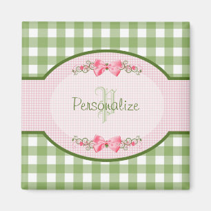 Girly Green Gingham Monogram With Name Magnet