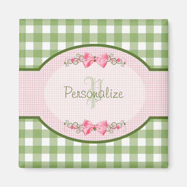 Girly Green Gingham Monogram With Name Magnet (Front)