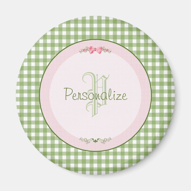Girly Green Gingham Monogram With Name Magnet (Front)