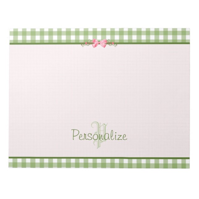 Girly Green Gingham Monogram With Name Notepad (Front)