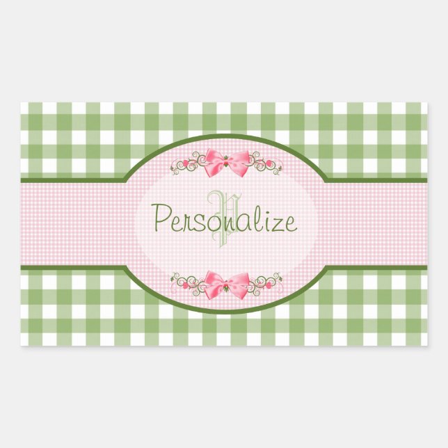 Girly Green Gingham Monogram With Name Rectangular Sticker (Front)