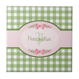 Girly Green Gingham Monogram With Name Tile