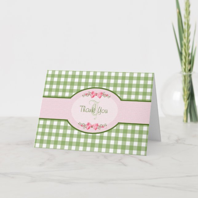 Girly Green Gingham Thank You With Monogram (Front)
