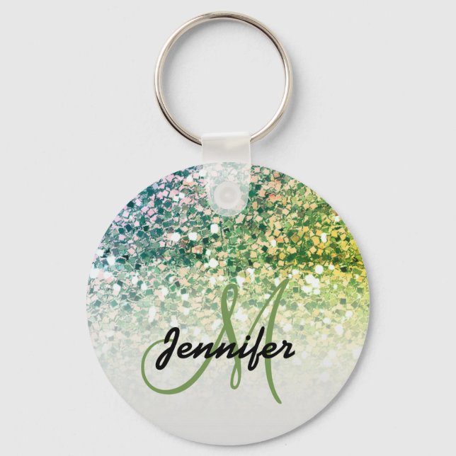 Girly Green Glitter Sparkles Monogram Name Key Ring (Front)